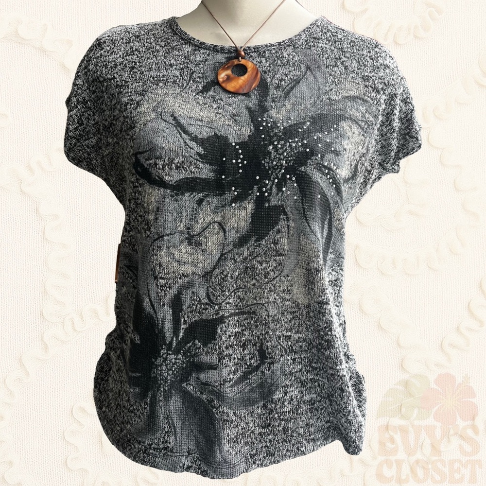 Vintage Knit Top 'Brochure" Black and White with Floral Print